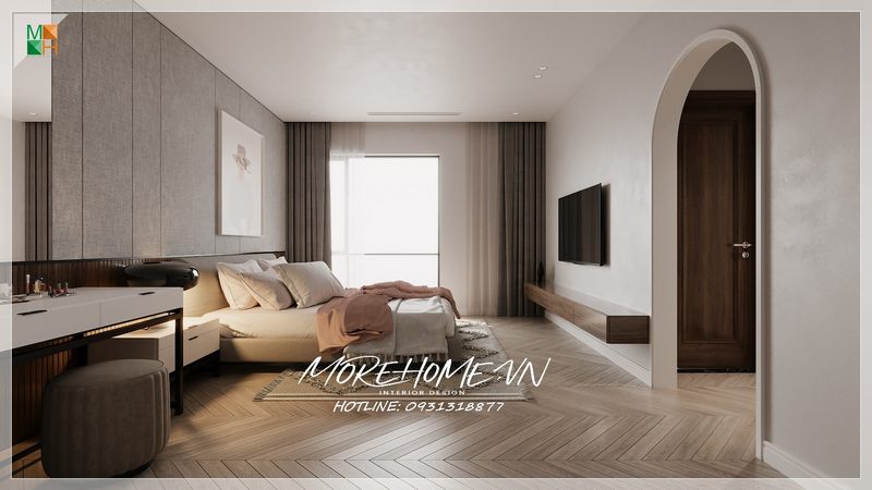 Chiếc giường đơn giản không màu mè rườm rà chi tiết đã mang lại sự tinh tế nhẹ nhàng trong mỗi giấc ngủ cho chủ nhân căn phòng.